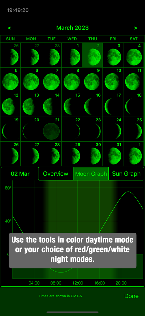 Polar Scope Align Pro - Moon phase calendar and elevation graph in green night mode on Polar Scope Align Pro app