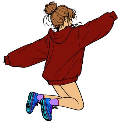 realistic girl jumping with a bun and oversized sweatshirt
