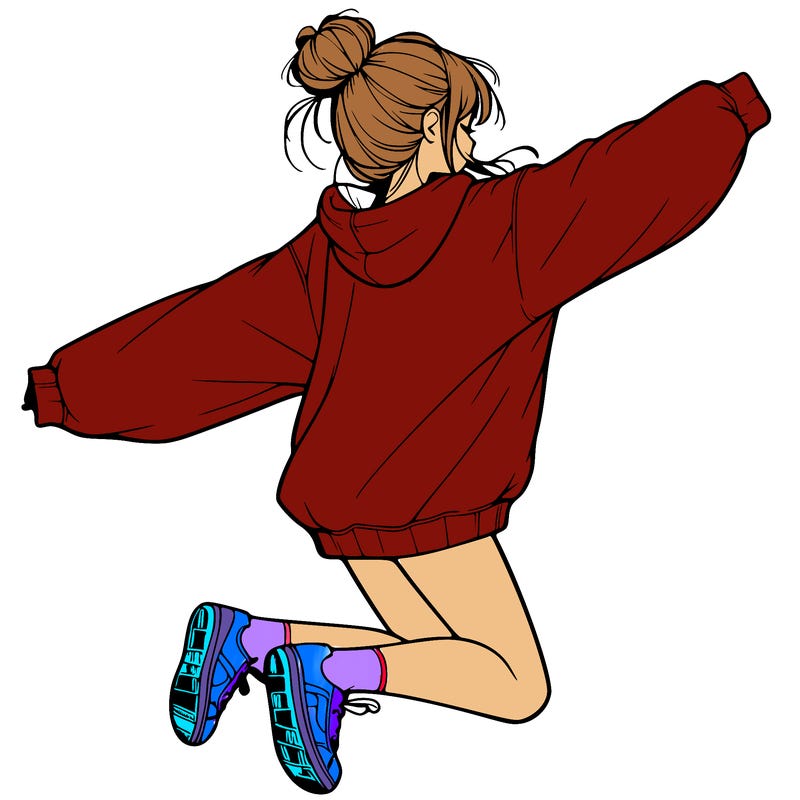 realistic girl jumping with a bun and oversized sweatshirt