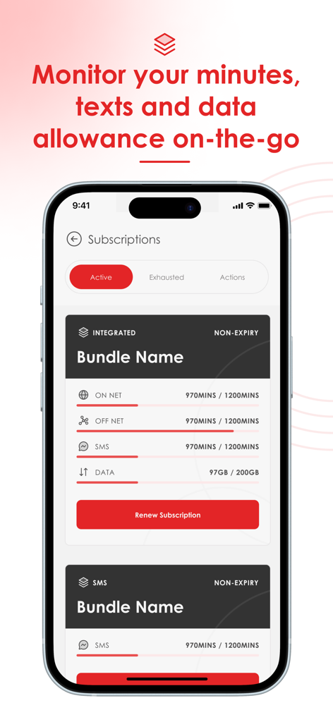Telecel Play (Ghana) - Telecel Play Ghana mobile app interface for tracking minutes texts and data allowance usage.