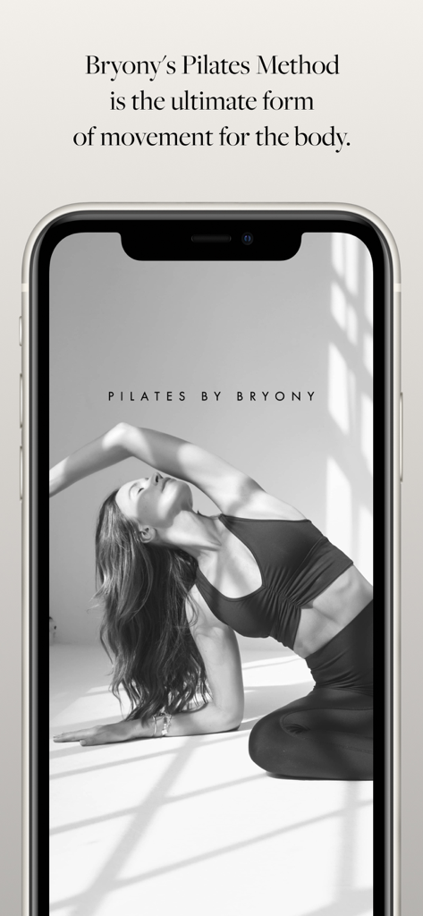 Pilates By Bryony - Introductory screen of the Pilates By Bryony app featuring a woman in a pilates pose