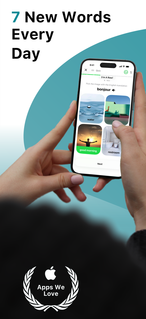 LENGOアプリで「毎日新しい単語7つ」と表示されたフランス語の語彙クイズが表示されたiPhoneを持つ手。