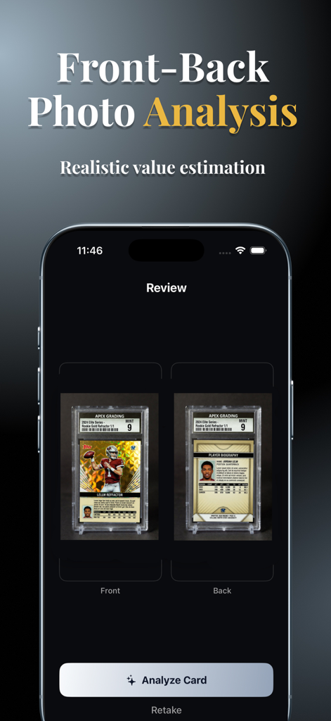 Cardex: Sports Card Scanner - Cardex app interface for analyzing the front and back of a sports card to estimate its value