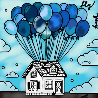 house floating from lots of balloons