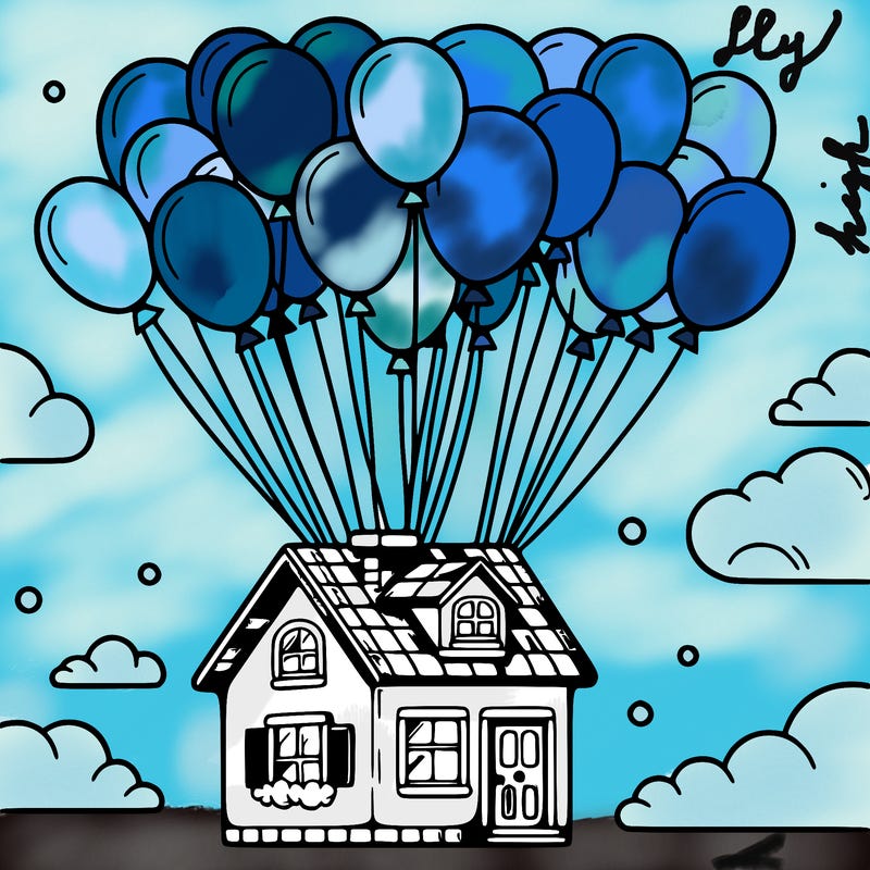 house floating from lots of balloons