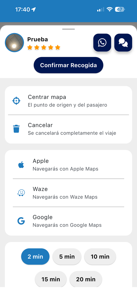 DriverGT Conductor - DriverGT Conductor app interface showing a pickup confirmation button and choices for navigation apps like Waze and Google Maps