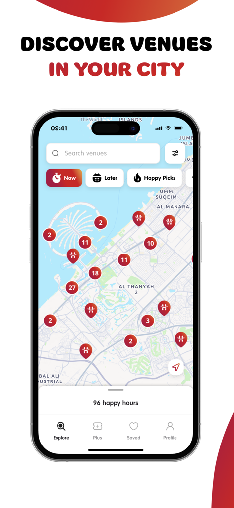 Hoppy: Spend Less, Do More. - Eine Kartenoberfläche in der Hoppy-App, die Veranstaltungsorte und Happy-Hour-Angebote anzeigt