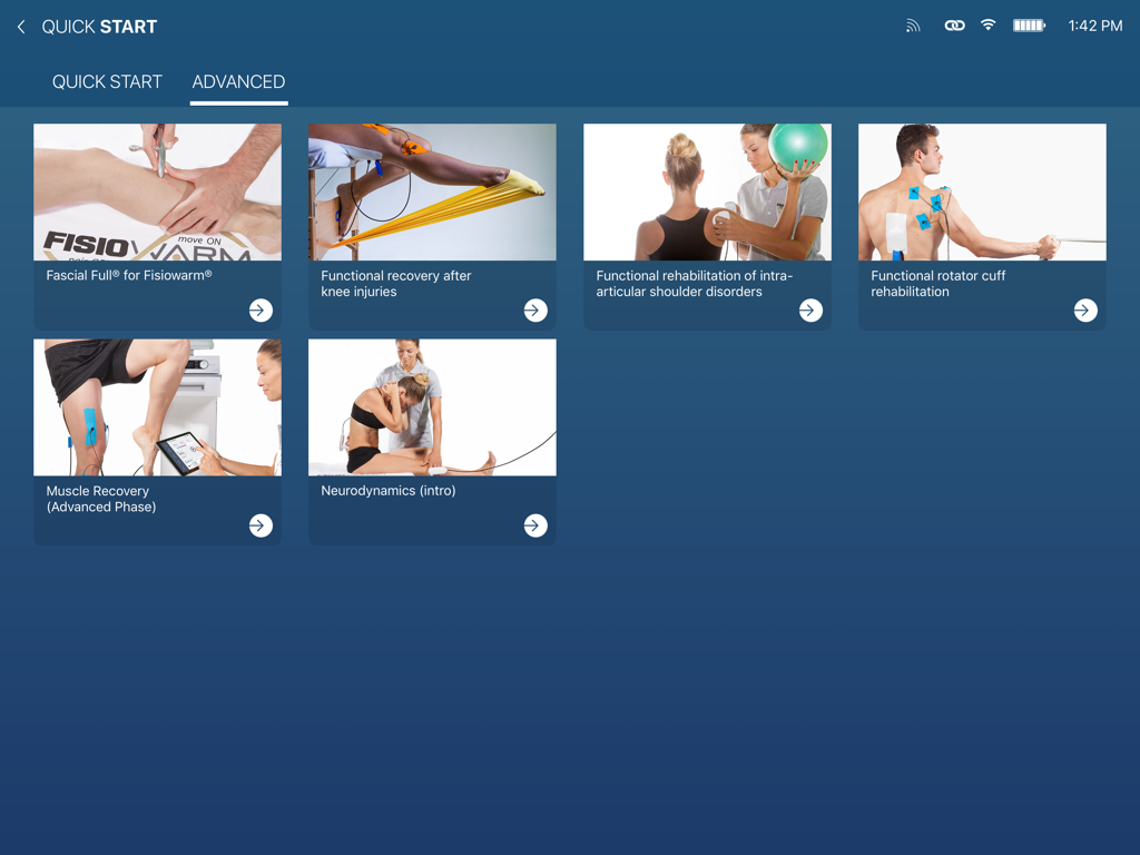 FISIOWARM 7.0 - Fisiowarm 7.0 iPad app displaying advanced physiotherapy treatment protocols and functional recovery guides
