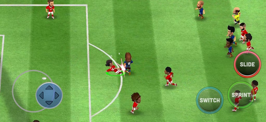 Un match de football dans Mini Football mettant en scène des joueurs stylisés et des contrôles mobiles à l'écran