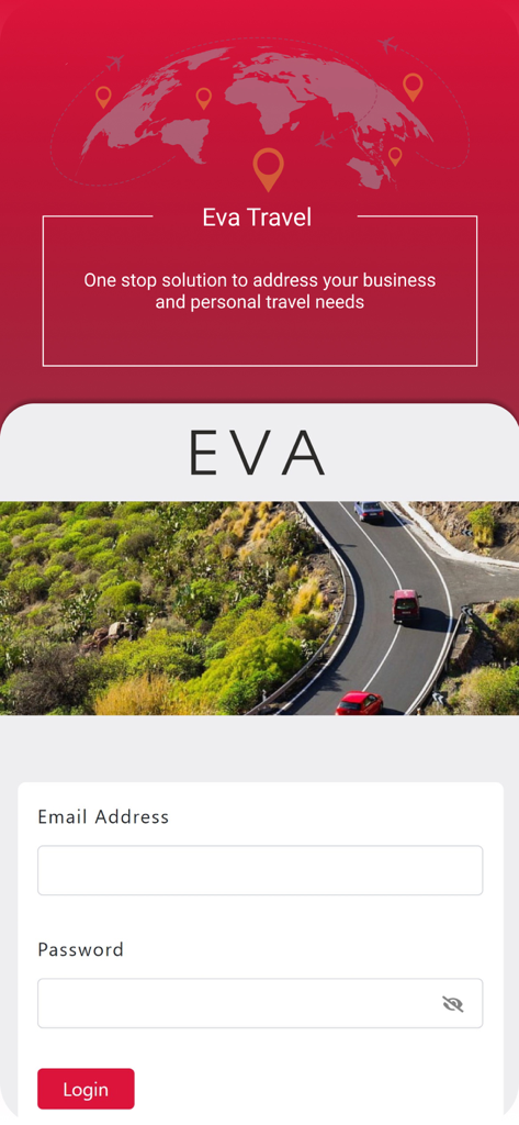 SOTC EVA - SOTC EVA Corporate Travel Login-Bildschirm mit E-Mail- und Passwortfeldern