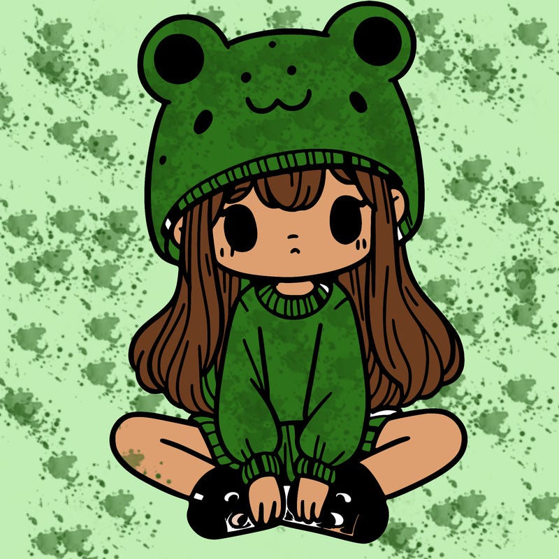 a girl wearing a frog hat and some frog socks