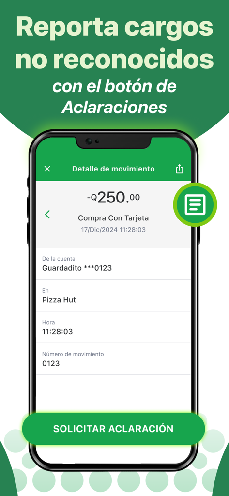Bildschirm der Banco Azteca Guatemala Mobile App zur Meldung nicht erkannter Abbuchungen und zur Anforderung von Transaktionsklärungen