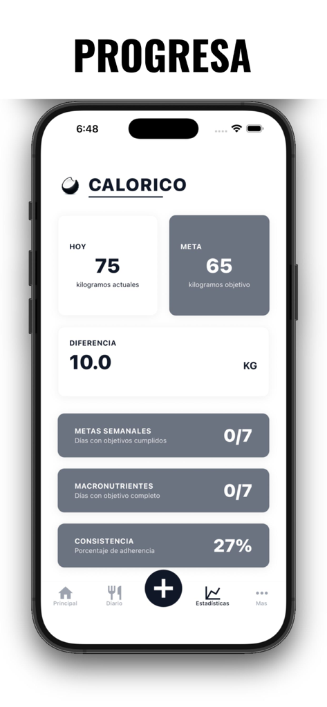 Calorico: Contador de Calorias - Calorico app dashboard showing weight progress and weekly goals