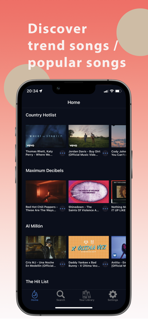 Musicase: Music Player - Musicase app home screen showing trending and popular music sections on an iPhone.