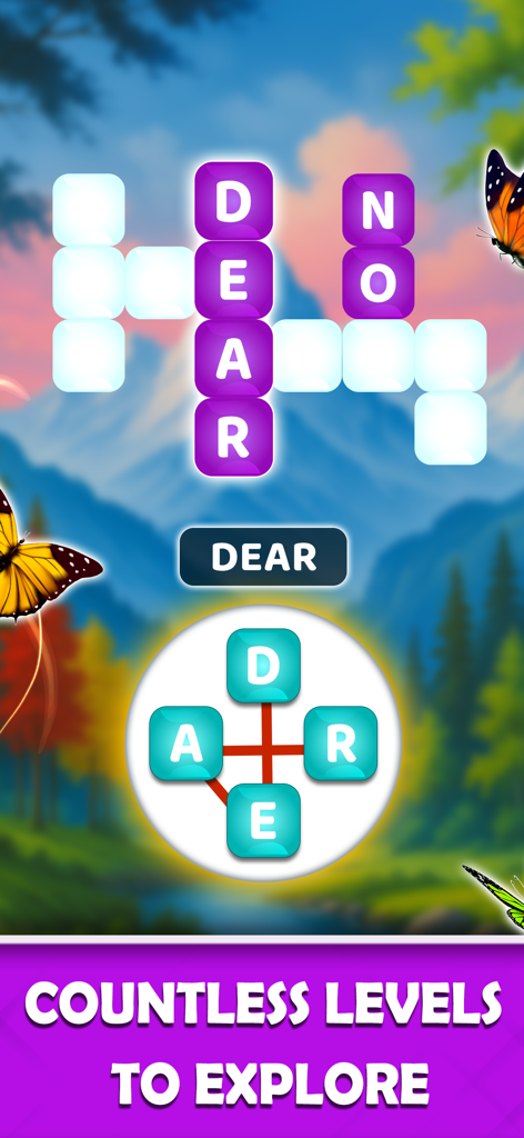 Word Fit - Game - A word puzzle level in Word Fit showing letters being connected over a calming mountain landscape.