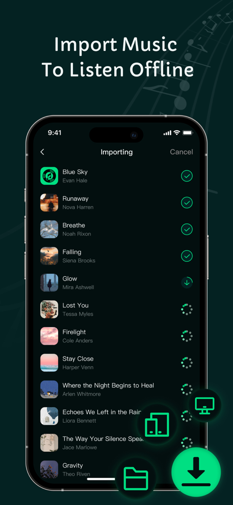 Offline Music MP3 Player - Benutzeroberfläche einer mobilen App, die den Prozess des Imports mehrerer Musiktitel zur Offline-Wiedergabe zeigt.