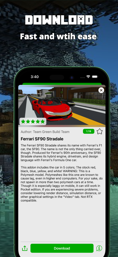 녹색 다운로드 버튼이 있는 마인크래프트용 페라리 SF90 스트라달레 자동차 모드를 보여주는 모바일 화면