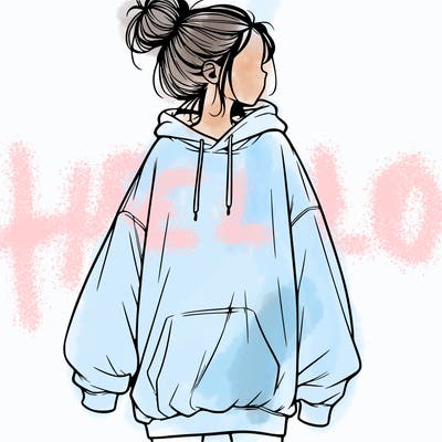 realistic girl with a oversized sweatshirt on and a bun