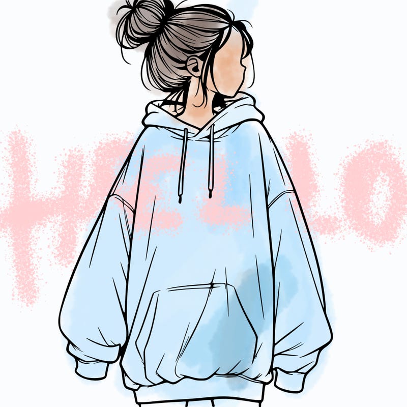 realistic girl with a oversized sweatshirt on and a bun