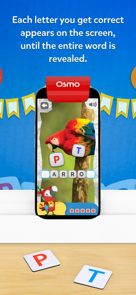 A mobile screen showing the Osmo Words game where a child uses physical letter tiles to spell the word parrot shown on the screen