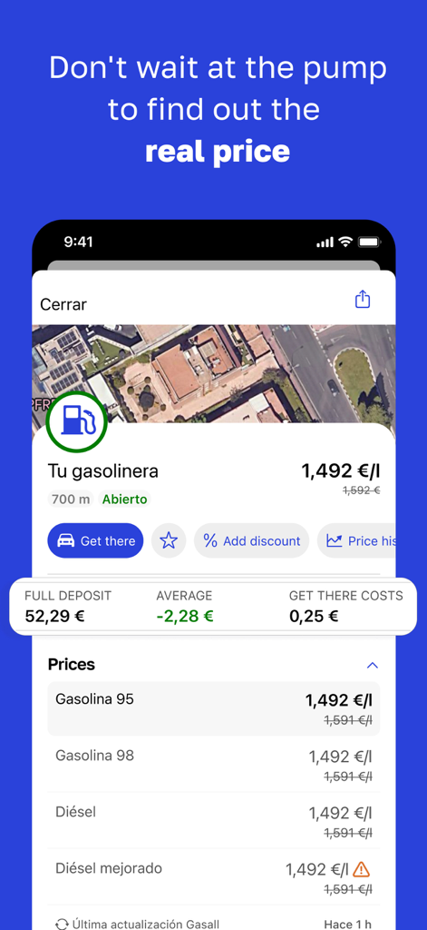 Pantalla de smartphone mostrando precios de gasolina y tipos de combustible en la aplicación GasAll para España