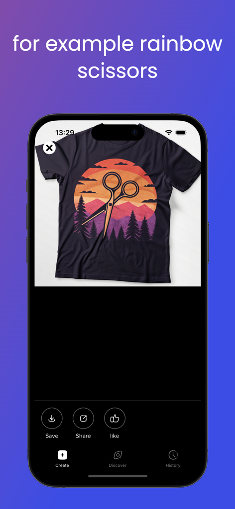 T-Shirt Designer: AI Fashion - A black t-shirt mockup within the app interface featuring an AI-generated design of scissors against a sunset background