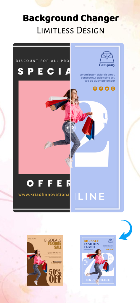 A split screen demonstration of the background changer tool for a fashion sale flyer design