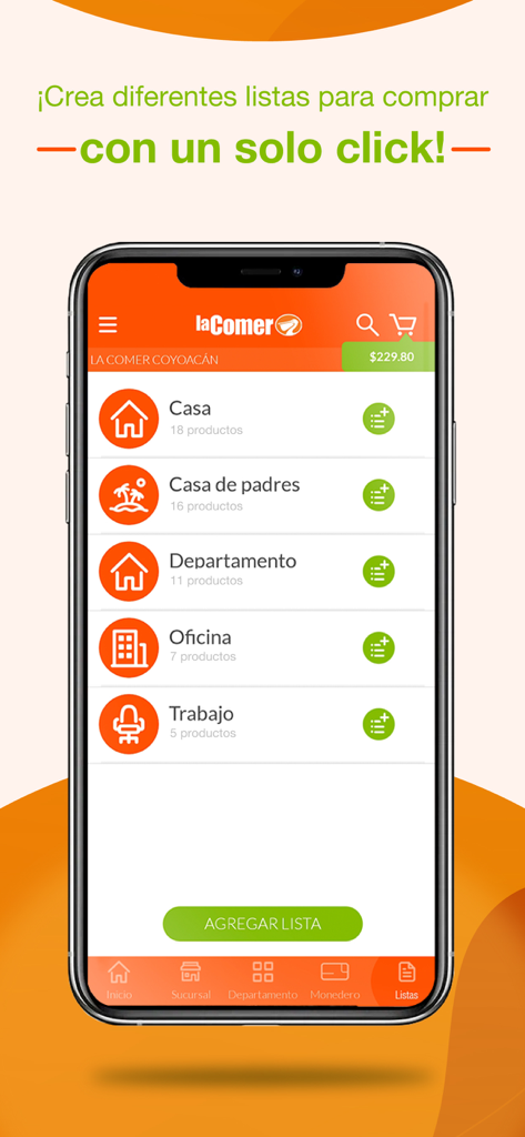 La Comer - La Comer mobile app showing multiple personalized shopping lists for different locations like home and parents house