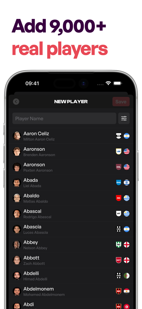 Lineup Builder - MyLineups - A searchable list of over 9000 real soccer players within the MyLineups app interface