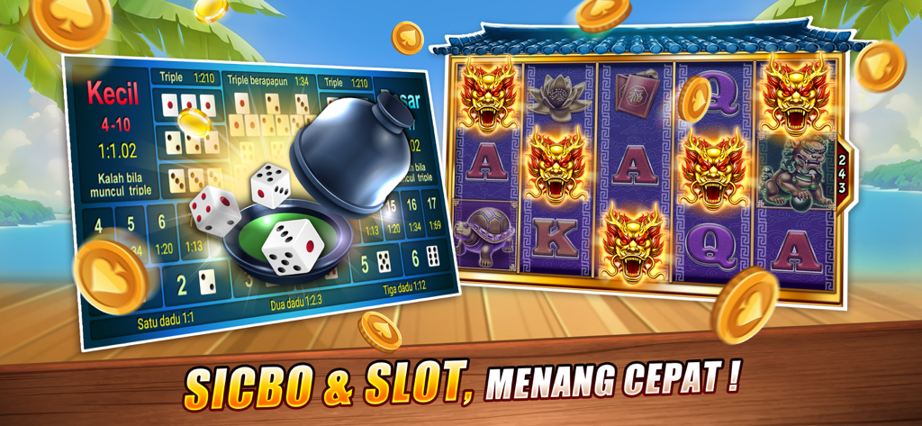 Luxy Domino Gaple QiuQiu Poker - Gameplay screenshot showing Sicbo dice game and golden dragon slot machine in Luxy Domino