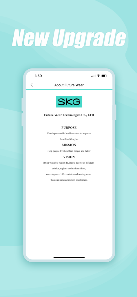 Future Wear - About screen of the Future Wear app showing the SKG brand mission and vision statement