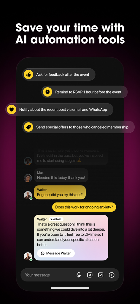 Locals app screen displaying AI automation tools for community engagement