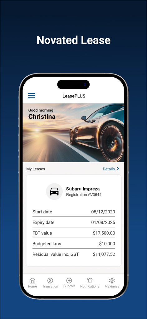 my+ - Tela do aplicativo móvel mostrando uma visão geral do leasing novado de um veículo, incluindo dados financeiros