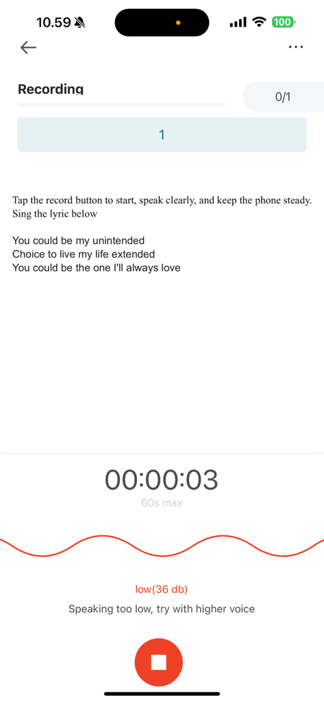 Appen Mobileアプリのスクリーンショット。歌詞とオーディオレベルフィードバック付きの音声録音タスクが表示されています。