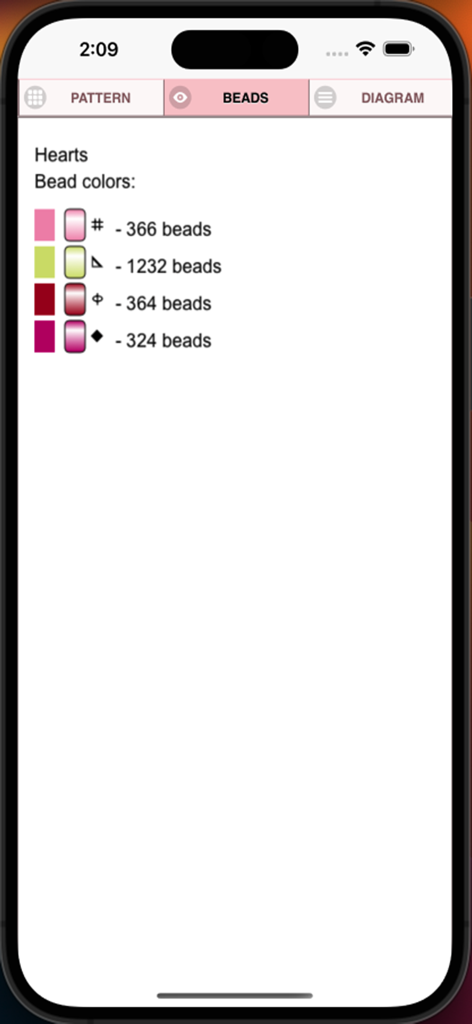 BeadPatternCreator - Screenshot showing a list of bead colors, unique symbols, and bead counts for a pattern named Hearts.