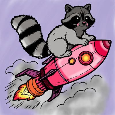 realistic raccoon flying on top rocket ship