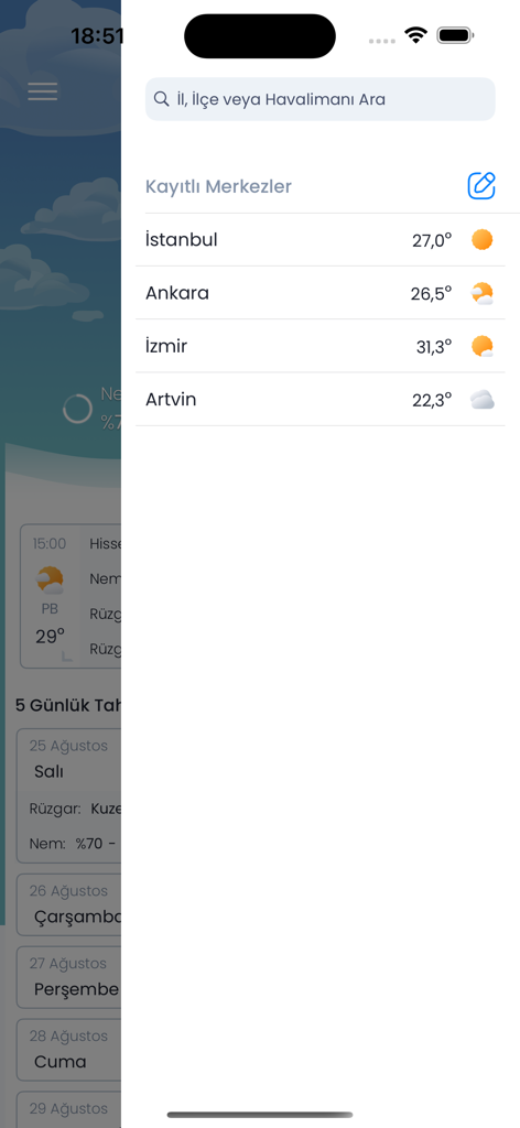 Hava Durumu Meteoroloji - List of saved cities and current temperatures in the Hava Durumu Meteoroloji app
