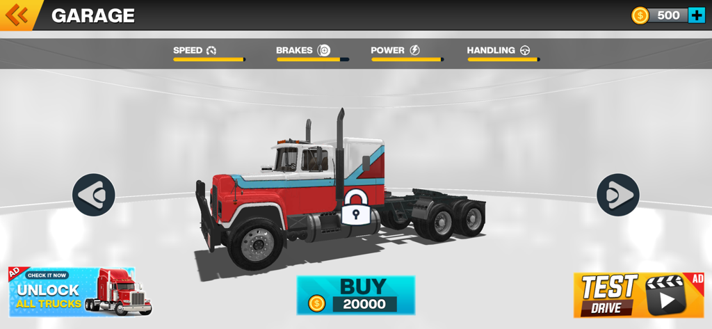 American Truck Driving Game 3d - Garage menu in American Truck Driving Game 3d showing a locked semi truck for purchase