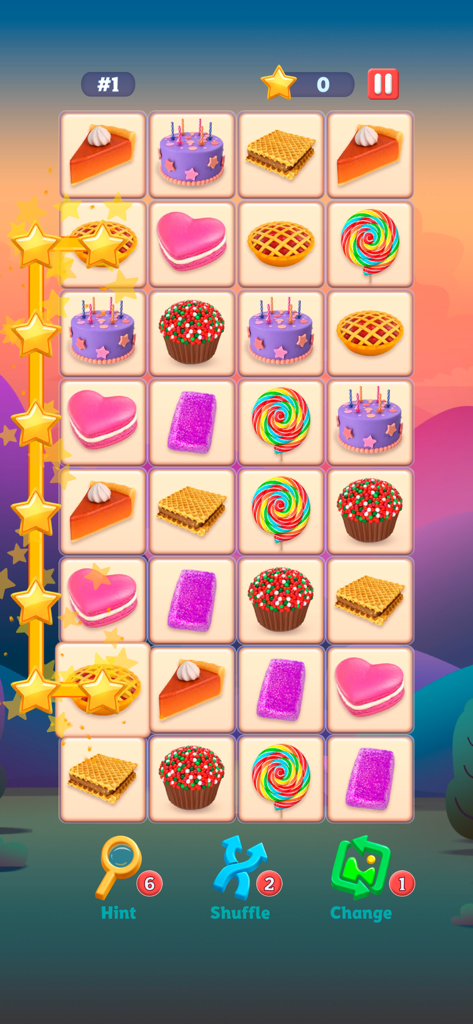 Pair Tiles: Match Puzzle 3-D - Una pantalla del juego Pair Tiles que muestra una cuadrícula de fichas de postre que incluyen pasteles, cupcakes y piruletas sobre un fondo de atardecer.