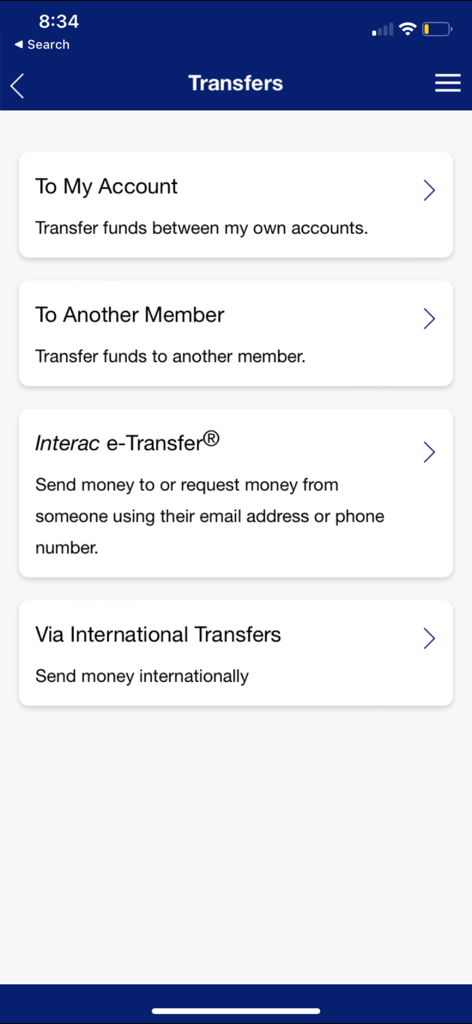 Écran de l'application bancaire mobile montrant les options de virement, y compris Interac e-Transfer et les virements internationaux