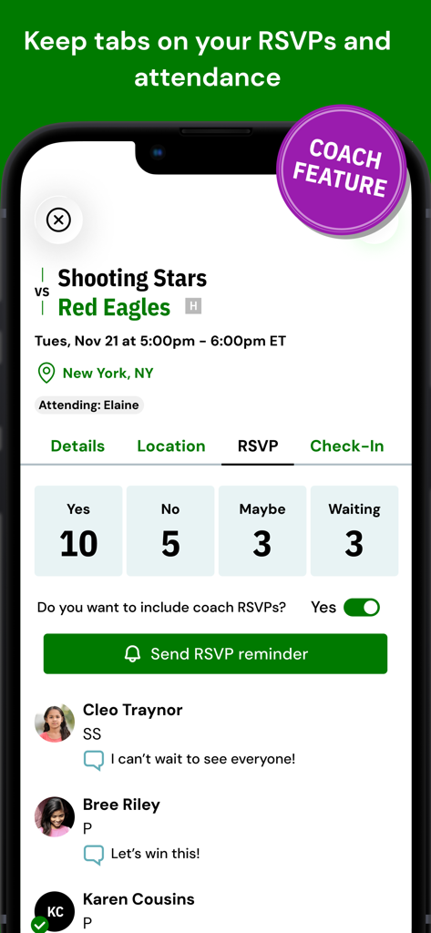 LeagueApps Play Mobile App zeigt Team-Zu-/Absage-Status und Spielernachrichten für ein Jugendsportspiel an