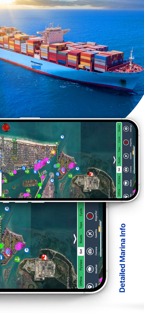 Flytomap All in One HD Charts - Flytomap app interface showing satellite navigation and detailed marina information