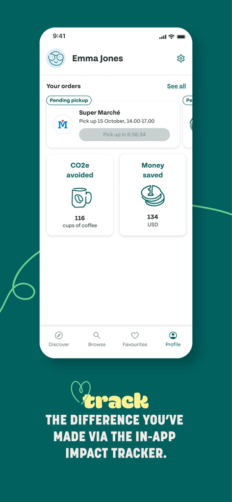 Too Good To Go app user profile displaying CO2e avoided and money saved metrics