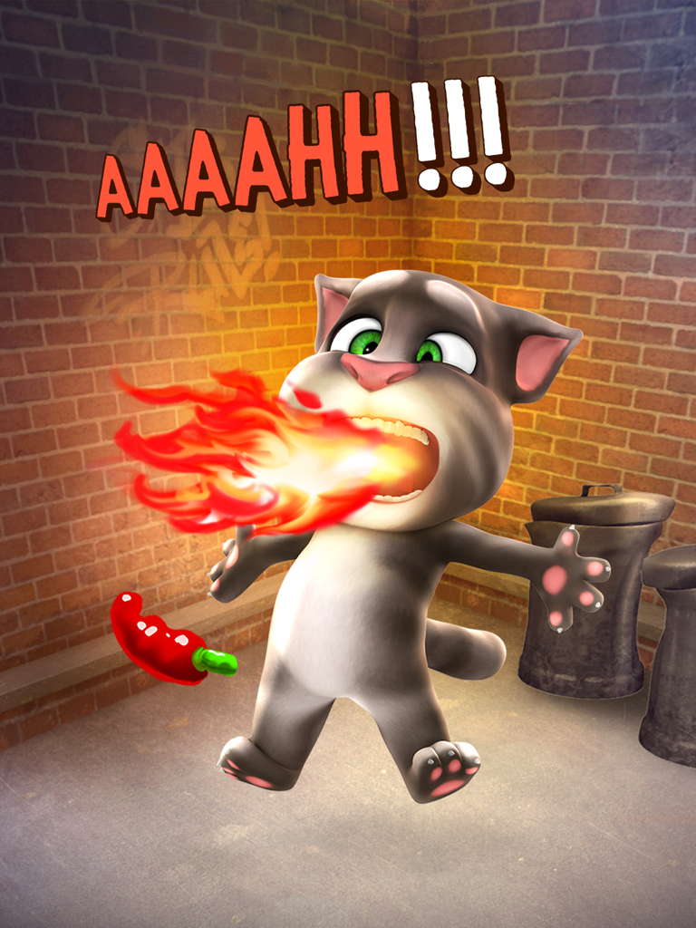 Talking Tom Cat breathing fire after eating a spicy red chili