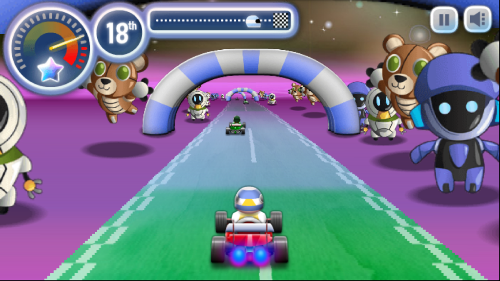 卡丁车赛车手 - 亡命车手的卡丁车竞速 - A kart racer driving on a colorful track with oversized toy bears and robots on the sidelines.