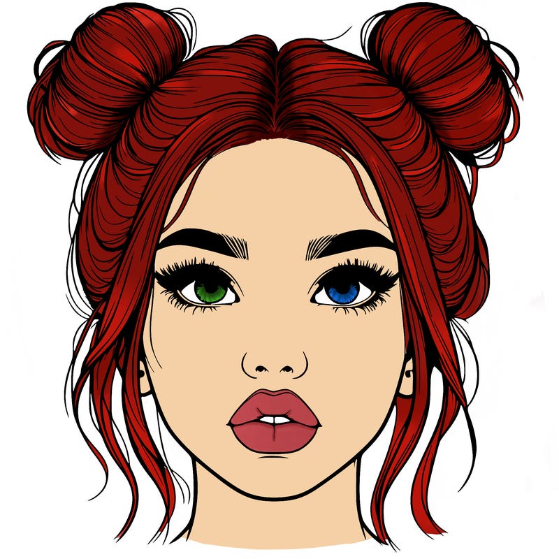 realistic girl with two buns on her hair and lips