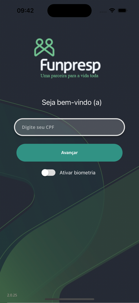 CPF 입력 필드와 생체 인식 로그인 옵션이 있는 Funpresp 모바일 앱의 로그인 화면