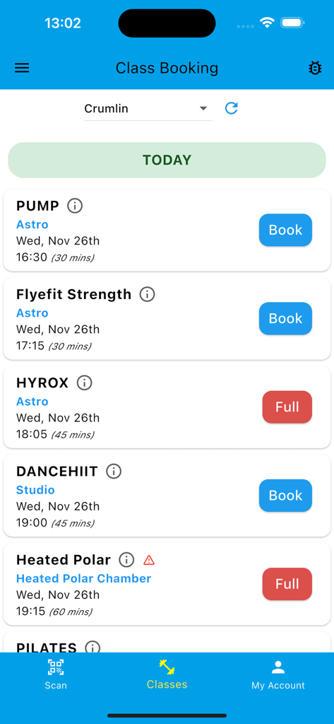 FLYEfit - FLYEfit mobile app class booking screen showing a schedule of fitness classes with booking options