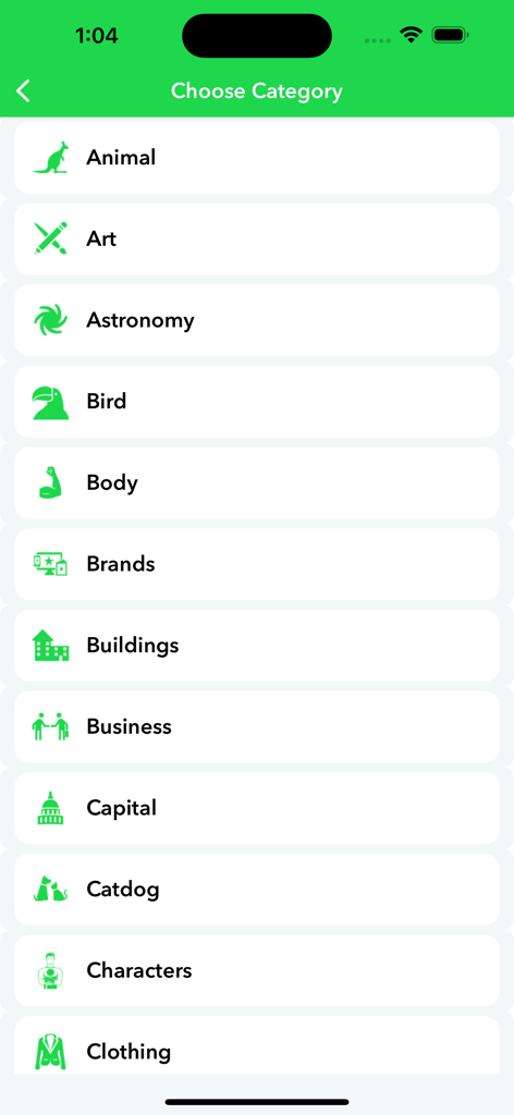 Wordscapes Word Search - A vertical list of word search categories including animal, art, astronomy, bird, and body within the app interface.