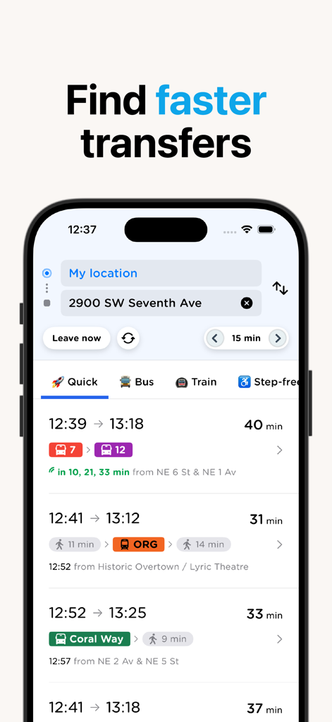 Next Ride Miami-Dade Transit - Next Ride Miami app screenshot showing public transit trip planning with multiple route options and transfer times.